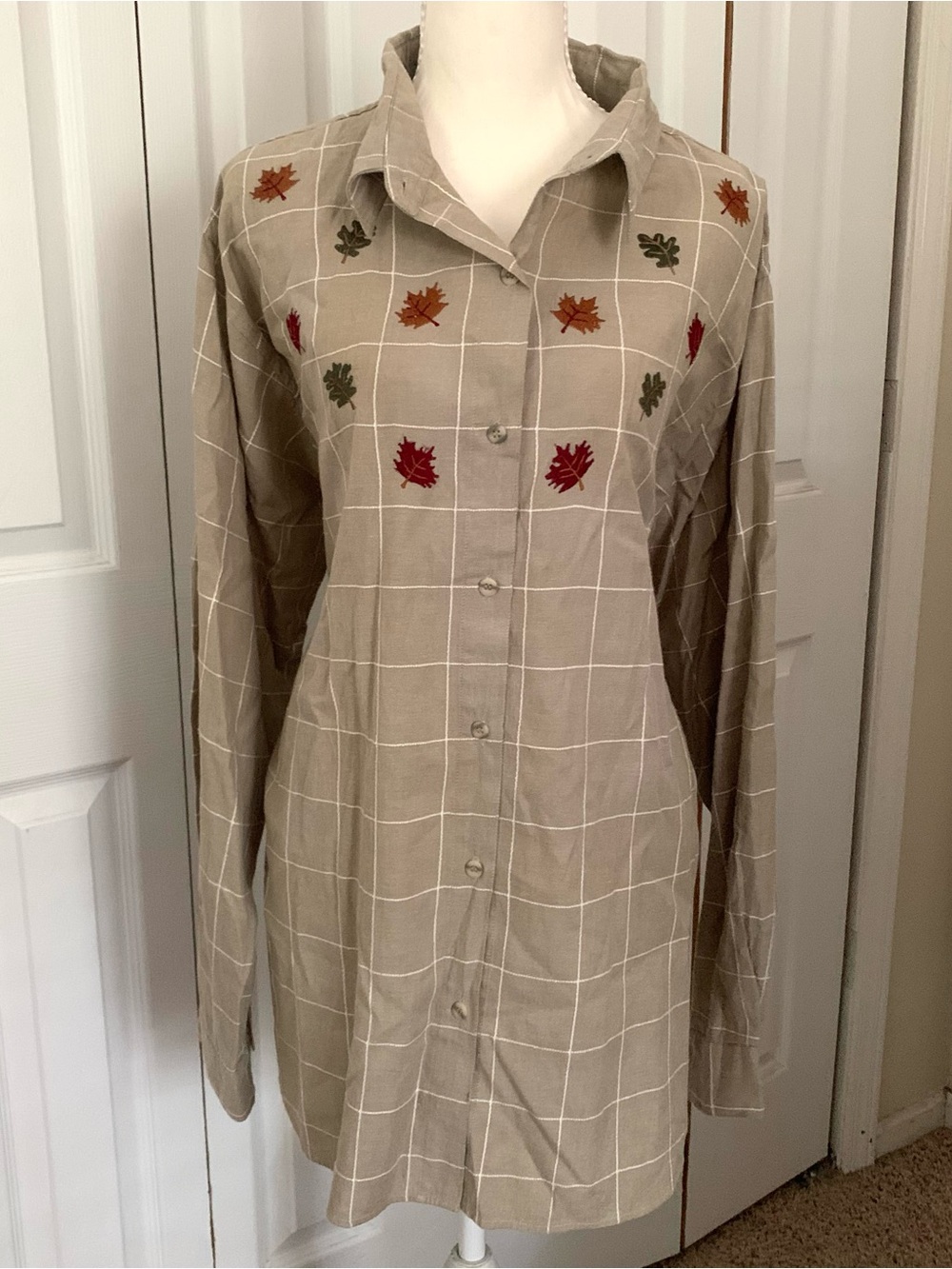 Cabin Creek Fall Leaves Shirt Embroidered Autumn Long Sleeve Red Orange Brown 3X